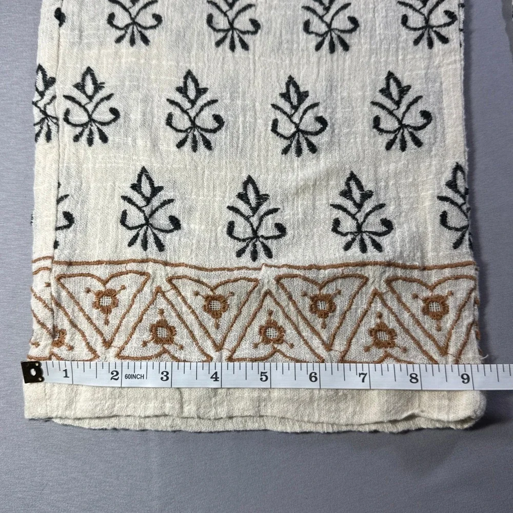 ZARA Women L Cotton Blend Wide Leg Boho Pants Embroidered Floral Cream Black L